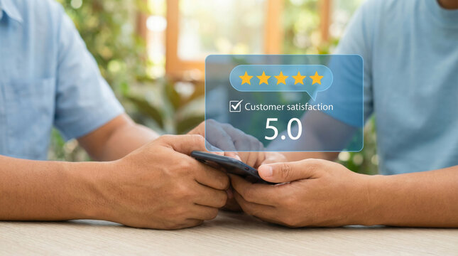 Hands holding a smartphone with a prominent virtual display indicating exceptional customer satisfaction, showcasing a perfect five-star rating and a 5.0 score, symbolizing outstanding service quality