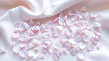 Fototapeta premium soft pink flower petals scattered on light pink silk fabric