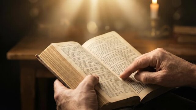 Man reading holy Bible in dim room with candlelight. Religious faith and prayer concept. Elderly man studying scripture with deep devotion and spiritual silence.