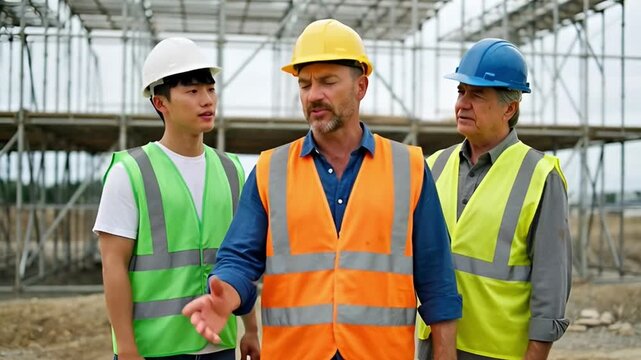 Construction workers standing outdoors in safety vests and hard hats