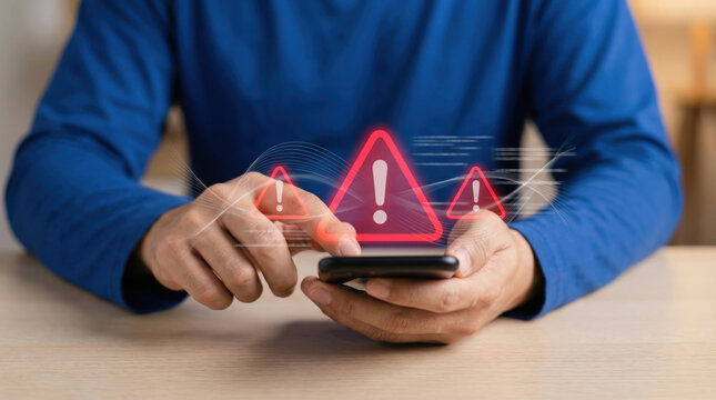 A person in a blue shirt holds a smartphone while multiple glowing red triangular warning symbols with exclamation marks hover around the device, signifying a critical alert, potential cyber threat