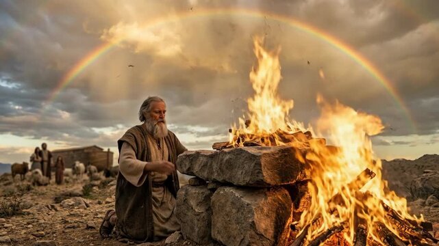 Noah the patriarch worshipping at a sacrificial altar with a rainbow in the sky. Biblical scene representing faith and covenant after the great flood event.