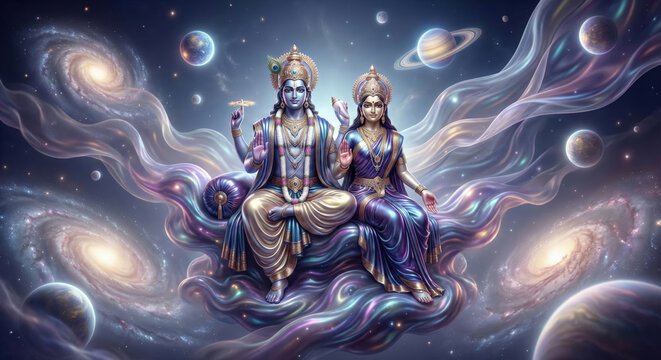 Cosmic Vishnu and Lakshmi Sitting on Cloud Amidst Galaxies and P