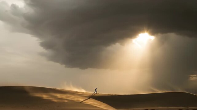 Man walking across a vast sand dune under a dramatic stormy sky. Divine light shining through heavy clouds as a symbol of faith for a religious narrative.