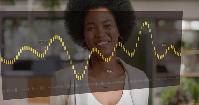 Woman smiling at camera in business office, waveform appearing on panel across torso labeling peaks