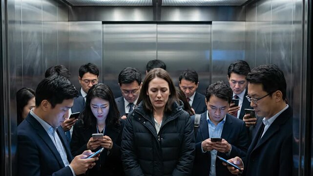 Stressed businesswoman standing alone in elevator surrounded by colleagues absorbed in smartphones feeling isolated and overwhelmed in modern corporate workplace environment. Mobbing.