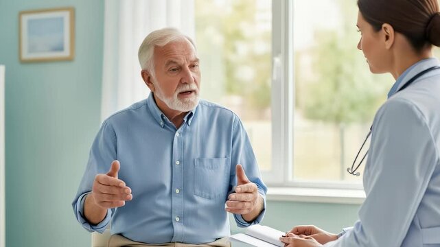 Elderly man consulting with female doctor about health state. Senior patient talking to clinician. Medical appointment and professional healthcare support in clinic.