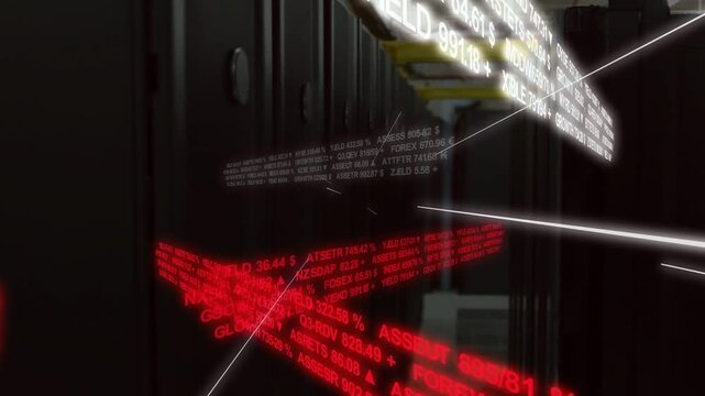 White ticker appearing white and red bands translating, camera moving deeper showing market flow