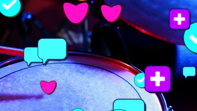 Snare drum sitting under blue lights frame3 spawning hearts play on drum as stick striking music