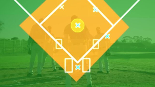 Batter and team standing on dirt, overlay fading in and tracing baseball trajectory for training