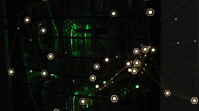 Frame sequence advancing, hexagonal nodes clustering with thin lines over dim rack for network ops