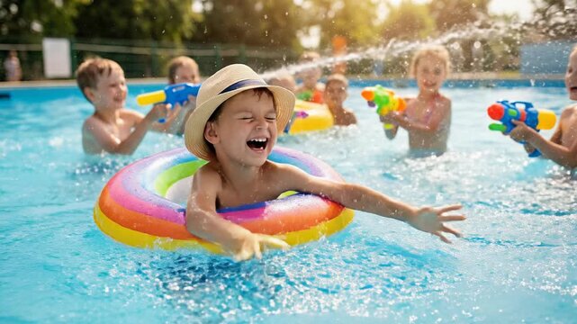 Happy children laughing and splashing in outdoor swimming pool on sunny summer day with colorful inflatable ring and water guns representing childhood joy and vacation fun
