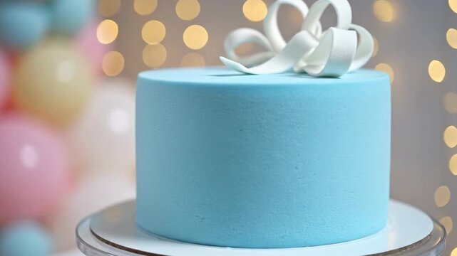 A blue cake with a white ribbon sits on a stand amidst colorful balloons and lights.