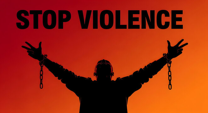 Silhouette of person with chained hands against orange background with stop text