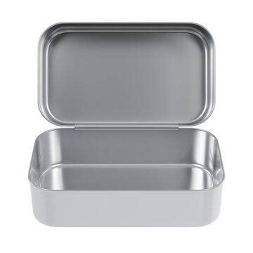 Metallic food container packaging in polished silver chrome. This deep, open rectangular tin is centered in a three-quarter perspective on a transparent, for catering product mockups.