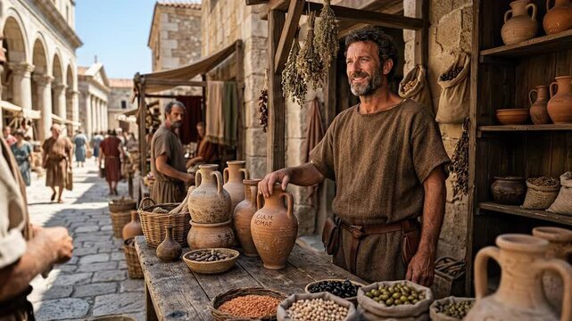 Friendly Merchant Smiling at Ancient Middle Eastern Market Stall Selling Clay Pots Spices Olives Biblical Historical Setting Trade Commerce Daily Life