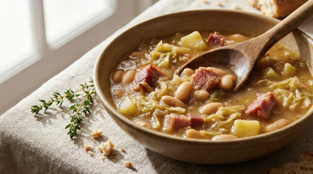 Garbure French Stew with Tarbais Beans and Ham on Rustic Linen