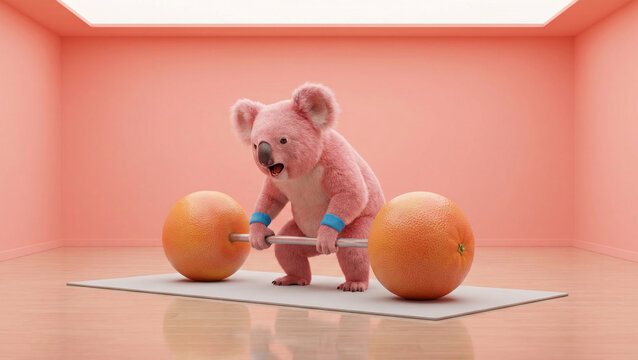 Charming 3D rendered pink koala character lifting a barbell with two large orange fruits as weights, wearing blue wristbands, positioned on a grey yoga mat in a minimalist pink studio with soft