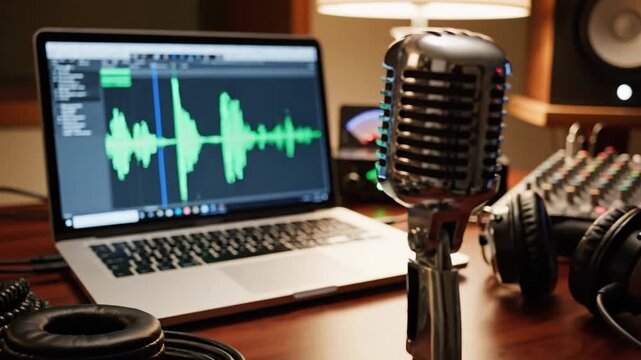 Retro Microphone Laptop Waveform Recording Studio Setup.