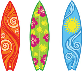 Colorful surfboards collection with tropical patterns and sun design, summer beach surfing equipment in vibrant vector illustration style