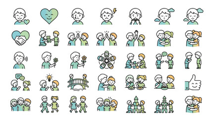 Social Emotional Learning Icon Set for Kids in Line Style. A collection of linear icons representing children sharing, empathy, hugging, listening, talking, teamwork, and more. Vector art.