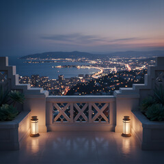Fototapeta premium Mediterranean terrace overlooking a coastal city at twilight