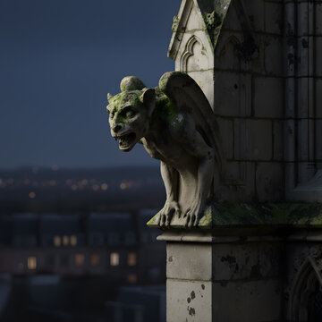 Stone gargoyle statue on a gothic cathedral at dusk