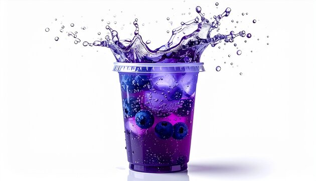A refreshing blueberry drink with ice and splashes of liquid. The drink is a vibrant purple color, with blueberries and ice cubes, in a clear plastic cup.