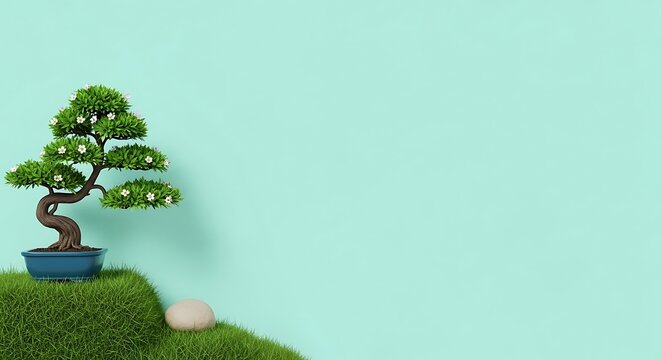 Small ornamental bonsai tree with fresh green grass and a teal background