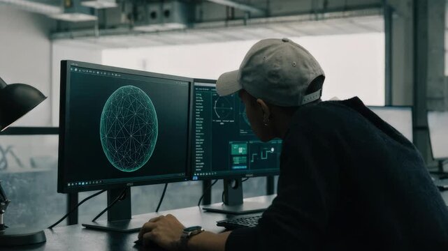 Technician using dual monitor setup to finetune antenna tilt based on AIdriven suggestions foreground displays clear interface while surroundings fade softly out of focus.