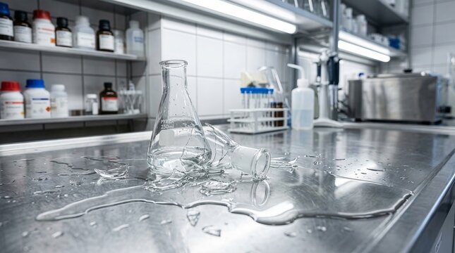 A broken glass container on a metal lab table with spilled liquid in a bright, clean laboratory setting. Generative AI.