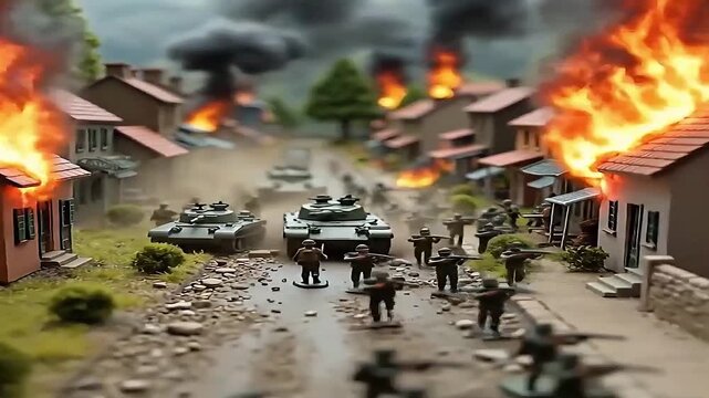 Central gray tank leads toy soldiers running with rifles down a dusty village street, while burning houses erupt in bright orange flames and thick black smoke.