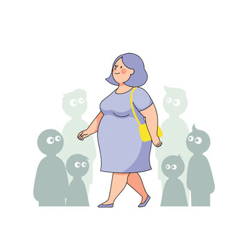 Overweight woman walking confidently among abstract figures.  Accepting Your Body