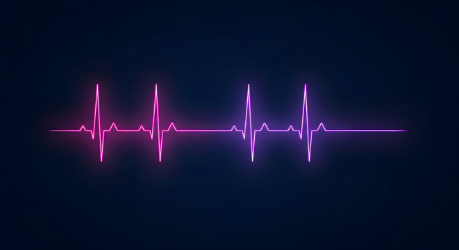 Neon pink and purple e c g heartbeat line on dark background