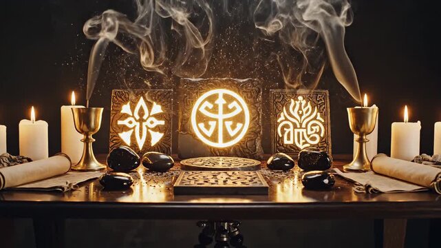Mystical Altar Setup with Candles, Scrolls, and Ornate Symbols
