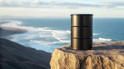 Naklejka premium Oil crisis Metal oil barrel placed on a rocky cliff with ocean waves and coastline in the background.