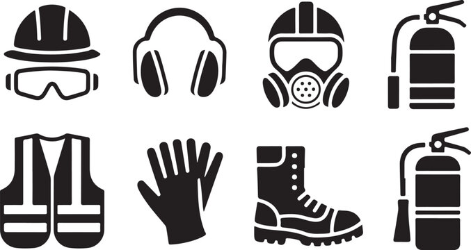 Essential personal protective equipment and fire safety tools presented as black silhouette icons