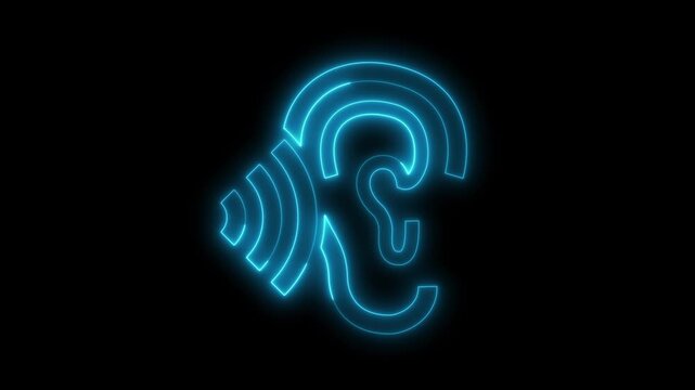 Glowing neon ear icon with sound waves animation on a black background, hearing, communication, audiology, sound perception, or listening technology