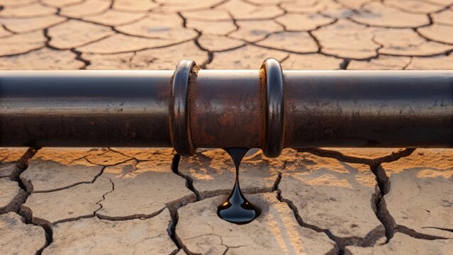 Oil crisis Rusty oil pipeline leaking black oil onto dry, cracked earth, symbolizing environmental pollution and oil spill impact.