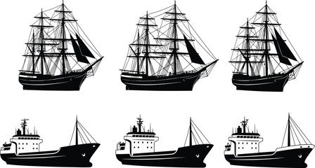 Collection of Sailing Ships and Cargo Vessel Silhouettes, Vintage Tall Ship and Modern Transport Boat Vector Icons Isolated on White Background © Josna