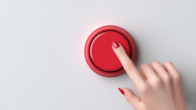 A hand with red polished nails pushing down a bright red button on a white surface