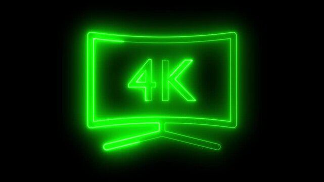 Glowing neon 4K TV icon animation on a black background, display, resolution, technology, ultra hd, or screen