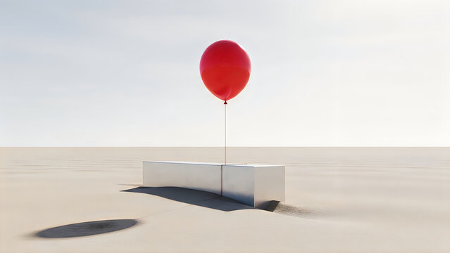 A red balloon tied to a concrete block in a vast desert landscape with a mysterious object on the ground