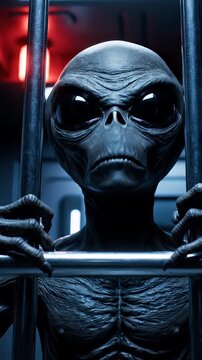 Extraterrestrial Prisoner in High Security Cell - A grey alien with large black eyes grips the metal bars of a high-security prison cell, looking directly at the viewer.