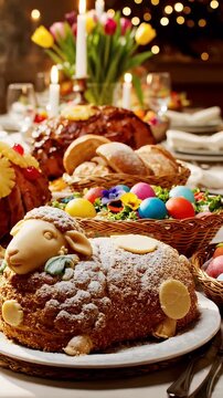 Festive Easter Feast Table - A beautifully arranged table showcasing a feast of colorful dishes, including a glazed ham, breads, Easter eggs, and a lamb-shaped cake dusted with powder.