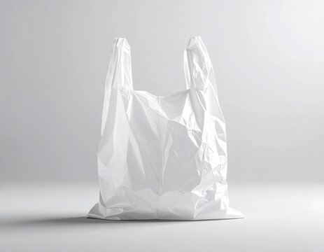 A straight-on front view of a blank plastic bag mockup with perfect symmetry on a plain surface
