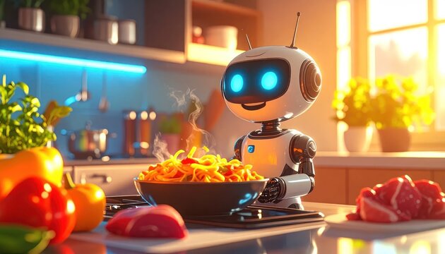 Robot Cooking in Modern Kitchen Interior.