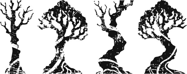 Obraz premium black and white tree silhouettes with winding trunks and detailed branches in art