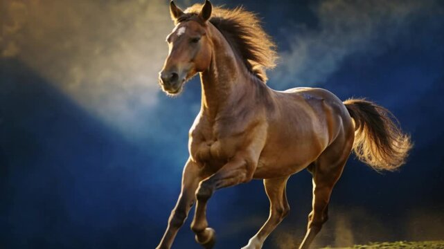 A horse running freely in a dynamic and powerful motion