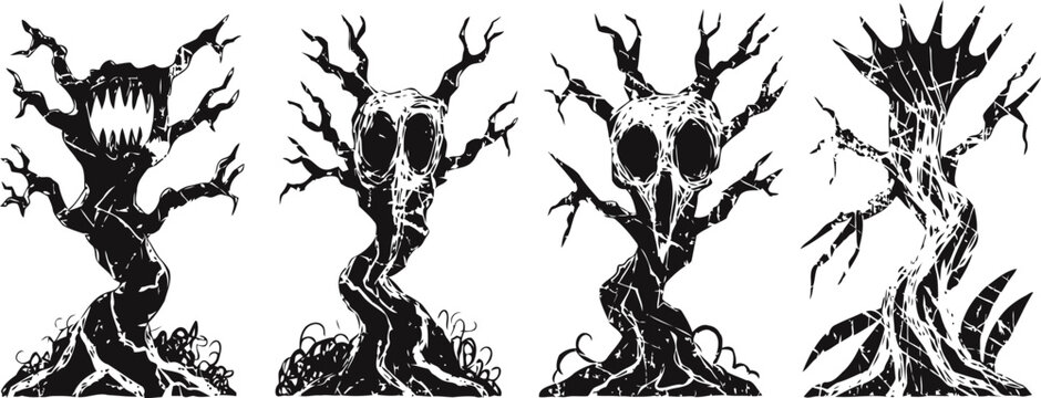 spooky bare twisted trees silhouettes with gnarled branches and creepy faces for halloween design